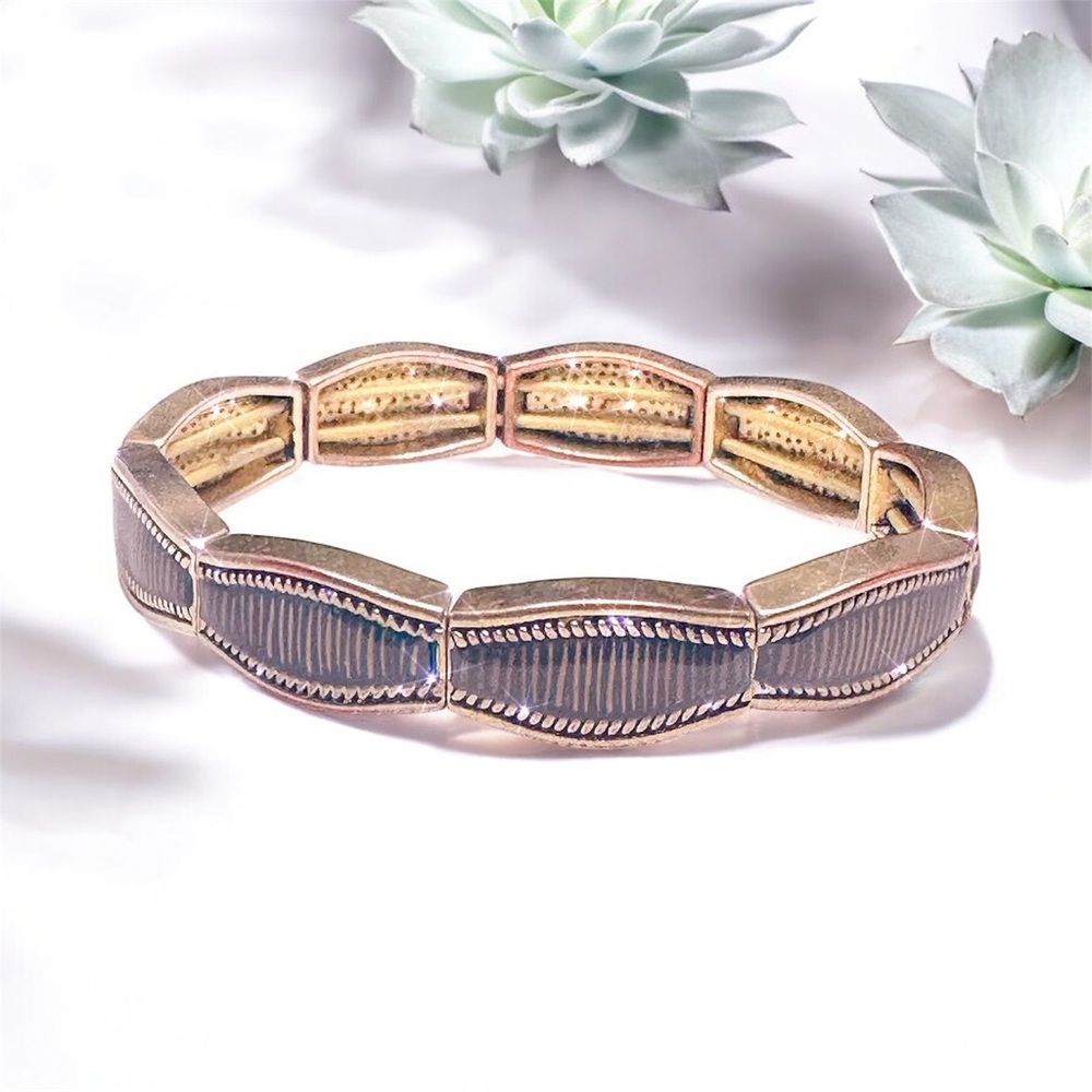 Unisex Vintage Silver & Brass Stretch Link Bracelet Retro Unisex Mid-Century